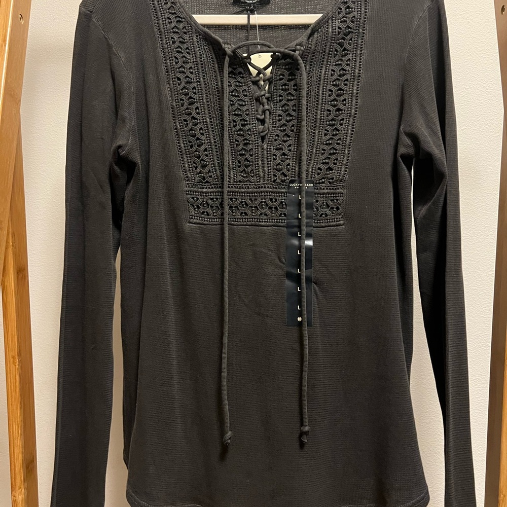 Lucky Brand Charcoal Lace-Up Long Sleeve Top